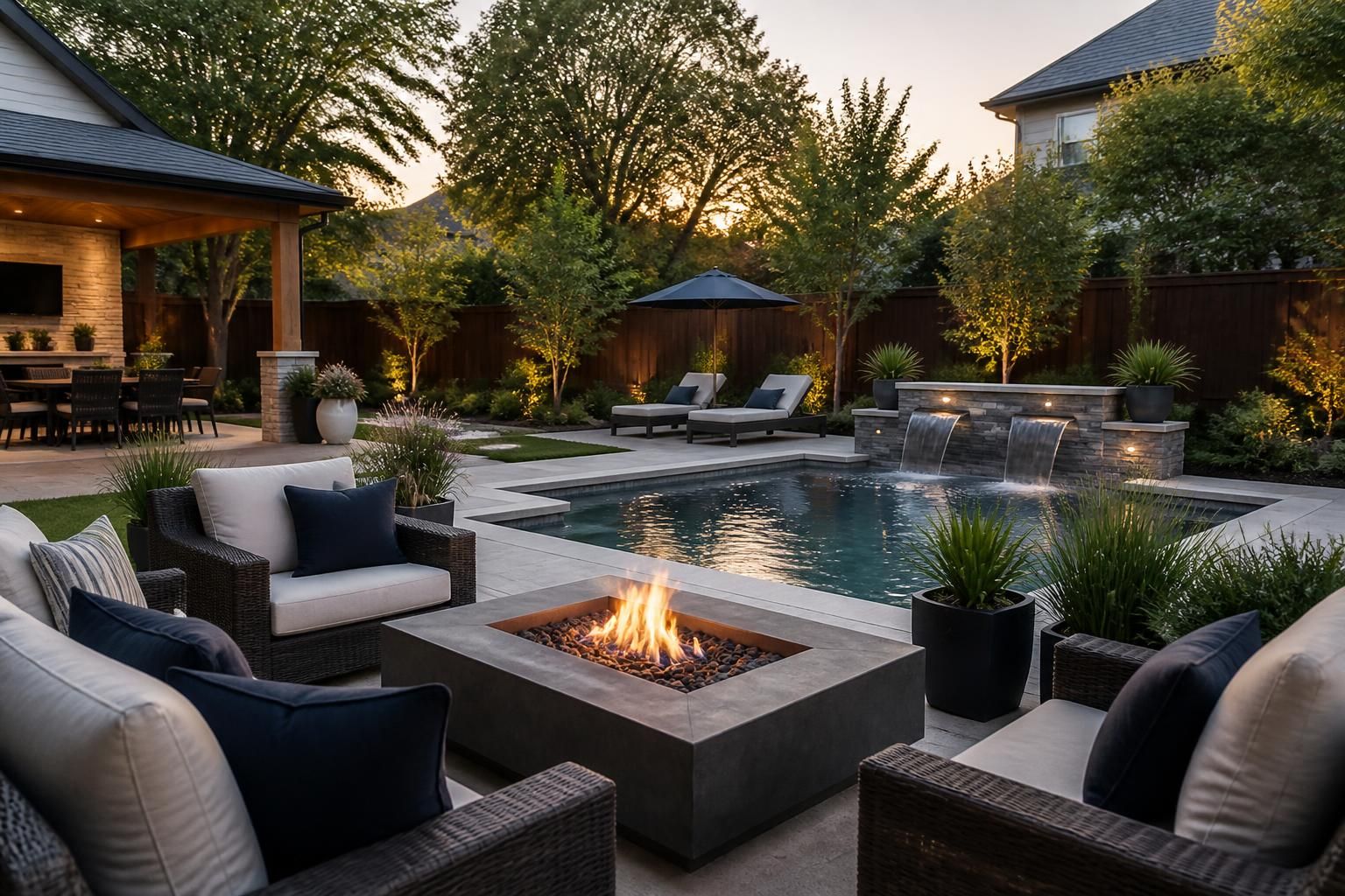 Finished backyard concept with landscaping, patio zones, and poolside elements.