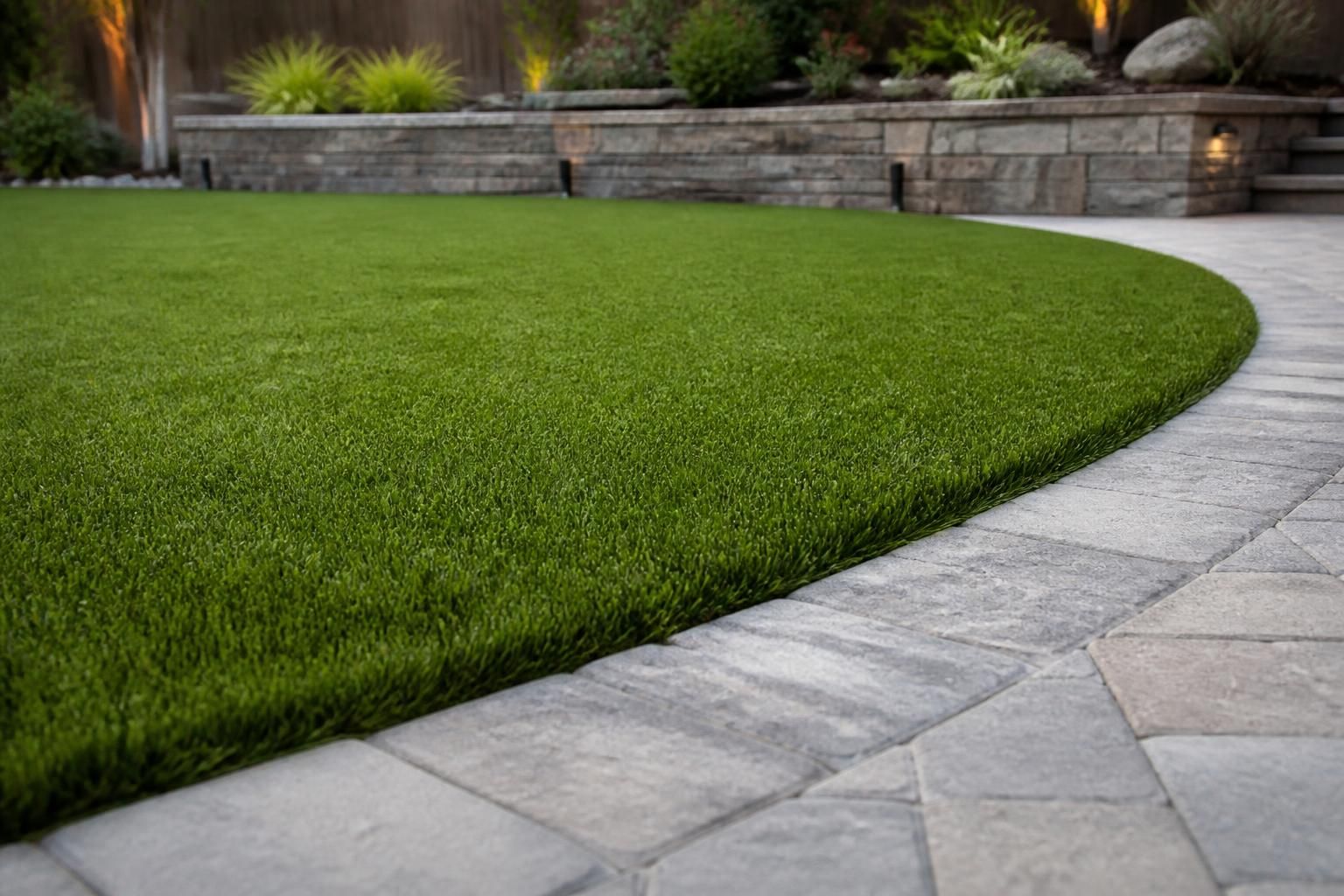 Finished artificial turf lawn with crisp edges beside stone hardscape.