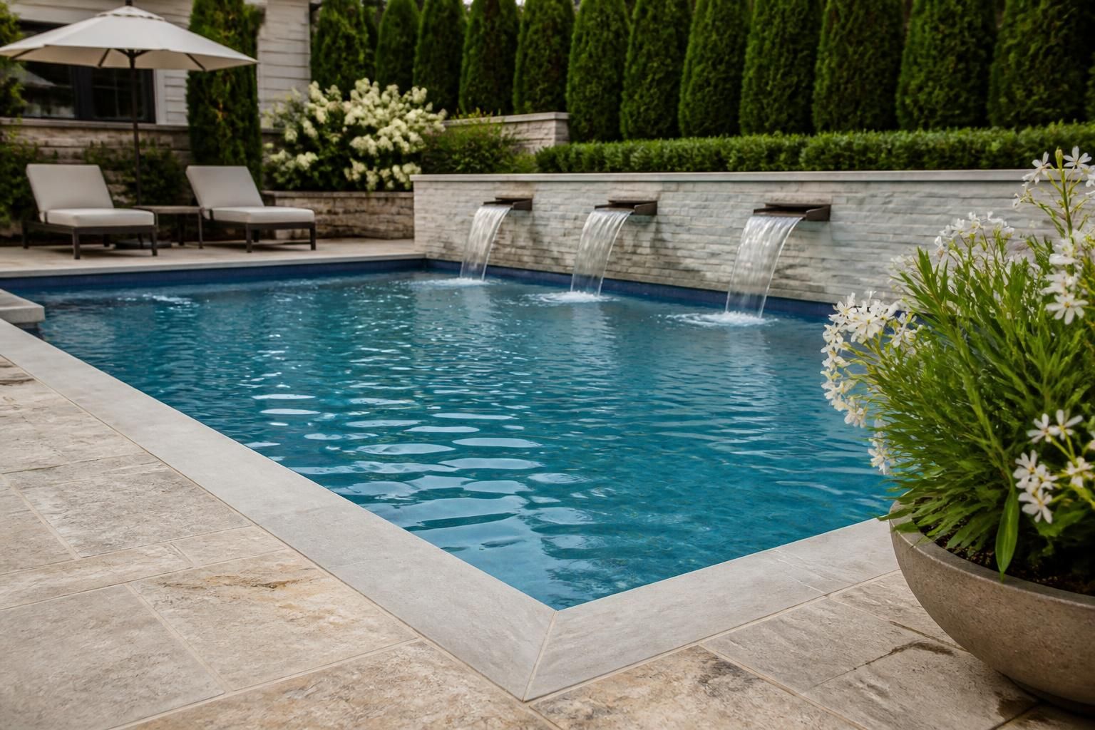 Finished custom pool with stone decking and clean water.