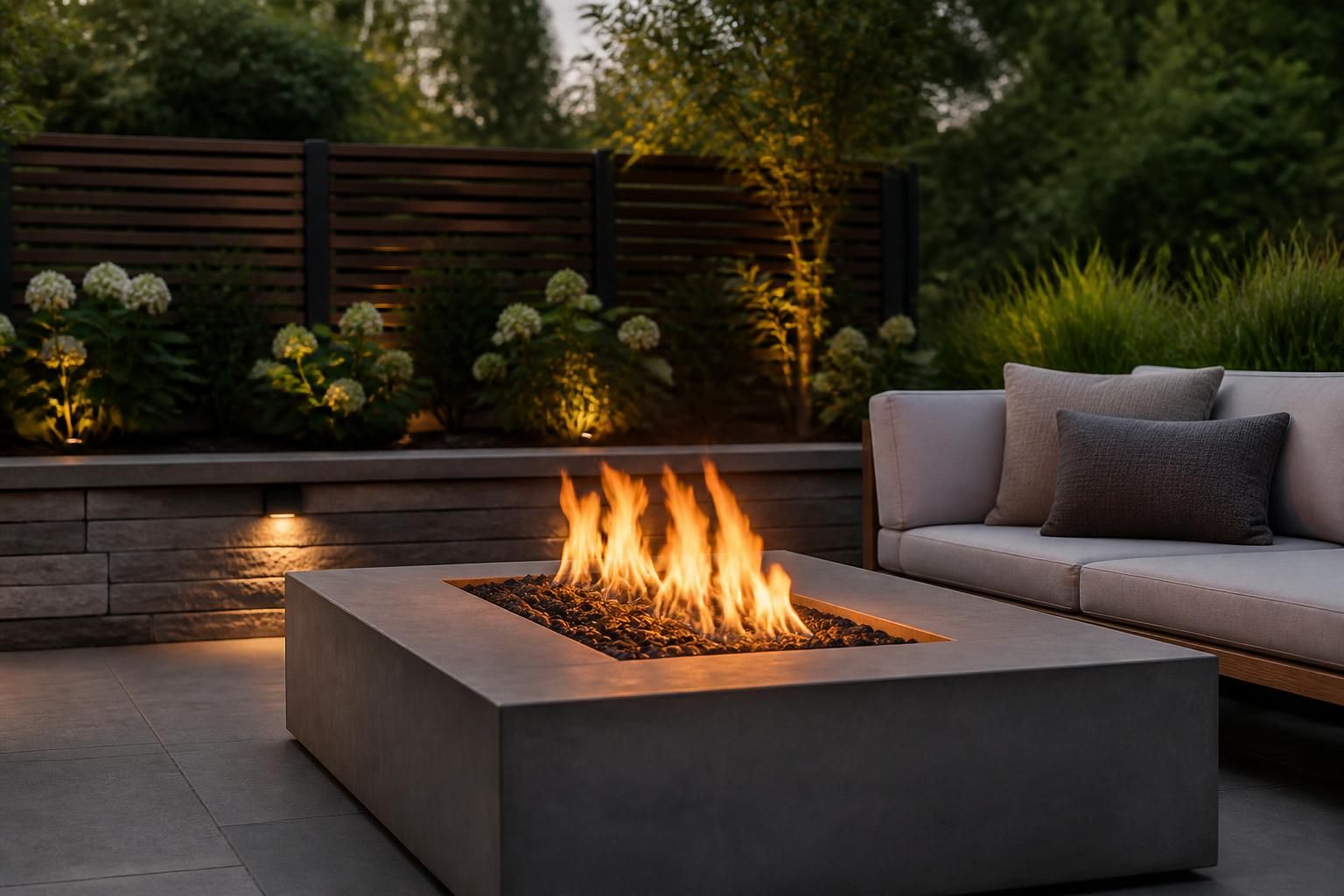 Finished fire pit integrated into a modern backyard seating area.