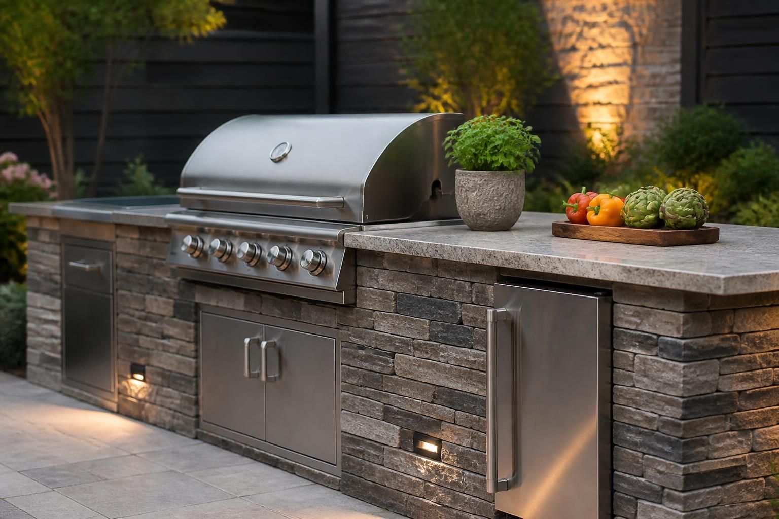 Finished outdoor kitchen with stone cabinetry and built-in grill area.