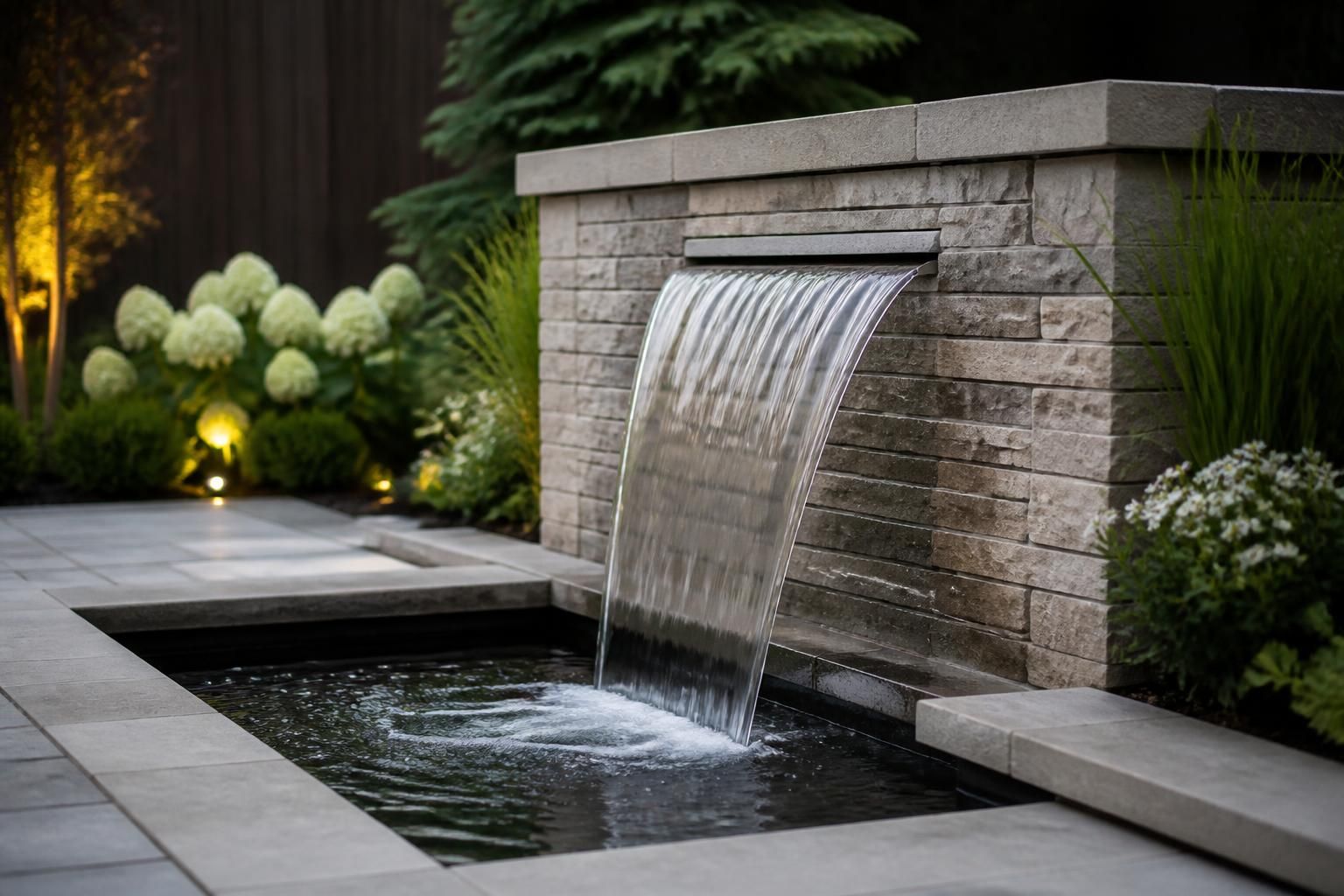 Finished water feature with stone surround and gentle flowing water.
